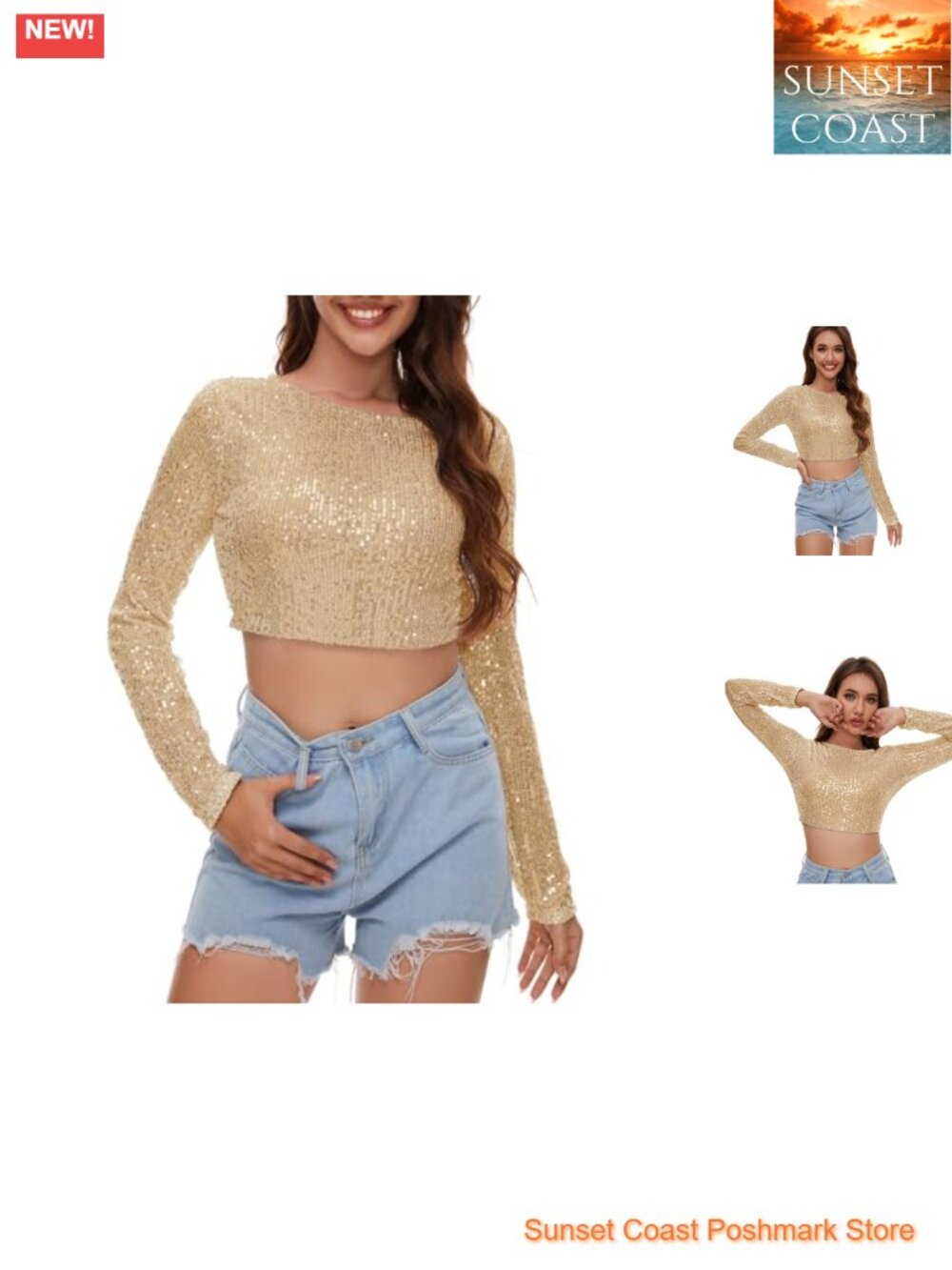 Sequin Crop Top Long Sleeve Sparkle Shimmer Stretch Polyester Disco Rave